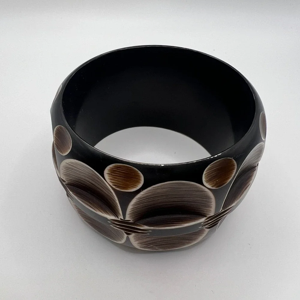 African Cow Horn Bangle Bracelet Hand Carved Floral Wide Statement Artisan